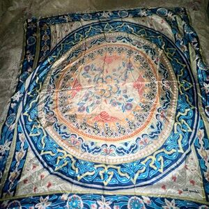 Johnny Was Blue Turquoise , White, Yellow & Coral Patterned Silk Scarf RARE FIND